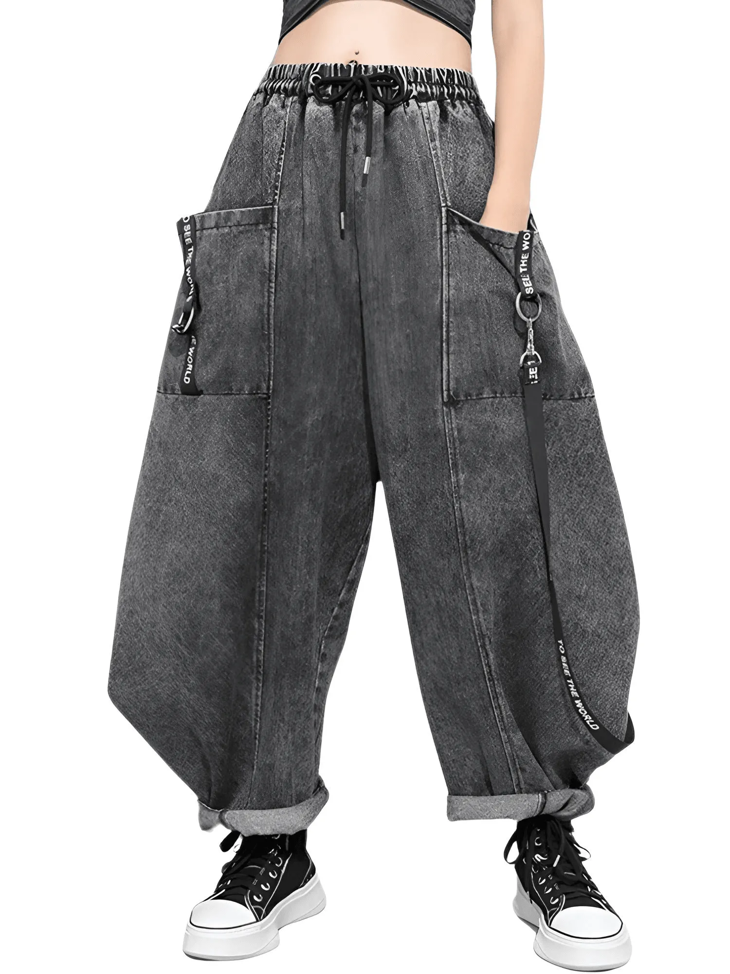 Wide Leg Black Jeans  Big Size Ribbon Stitch New High Waist Loose Women Trousers Fashion Spring Autumn