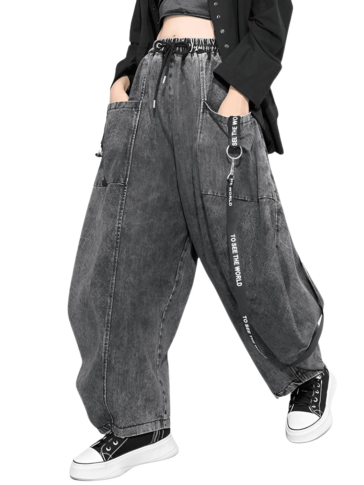 Wide Leg Black Jeans  Big Size Ribbon Stitch New High Waist Loose Women Trousers Fashion Spring Autumn