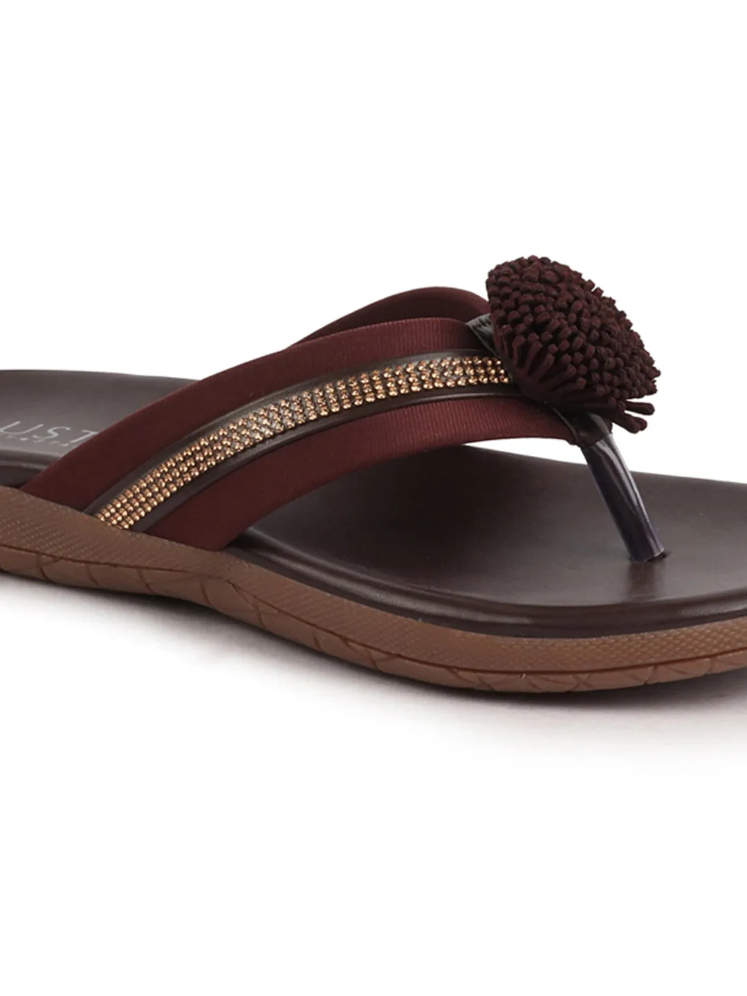 Women Brown Shiny Beads T-Strap Slipper With Cushioned Footbed|Party|Office Wear|Weekend