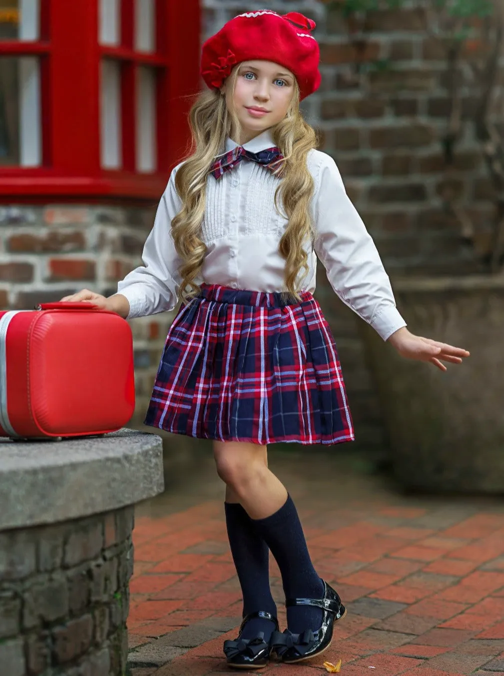 Young Scholar Blouse, Bow Tie, and Plaid Skirt Set