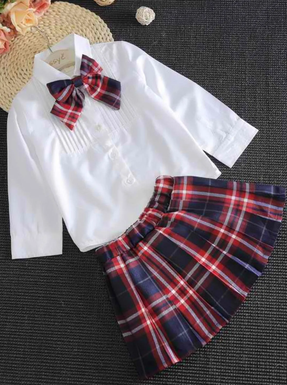 Young Scholar Blouse, Bow Tie, and Plaid Skirt Set